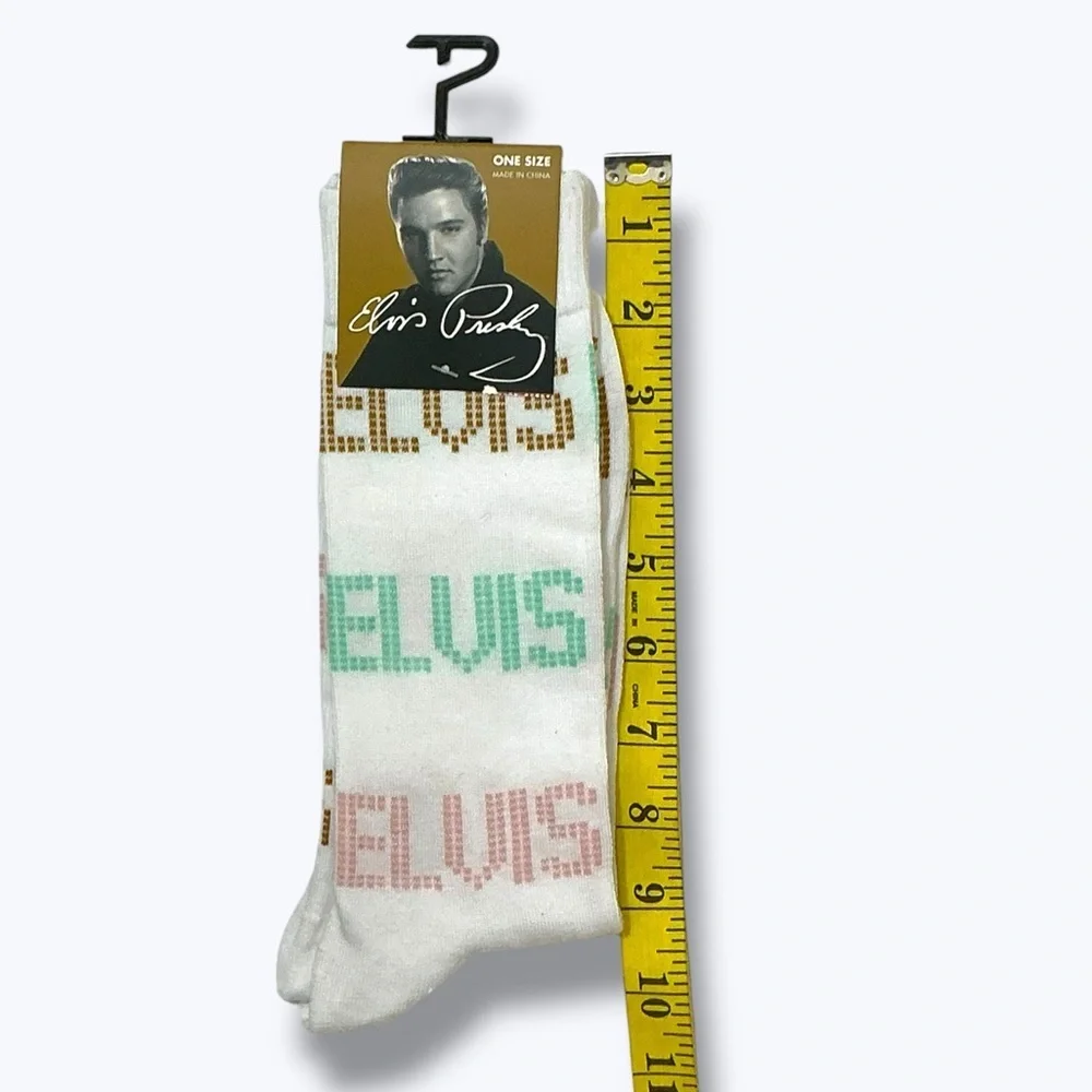 Elvis King of Rock Crew Socks Novelty White  Unisex One Size 7-12